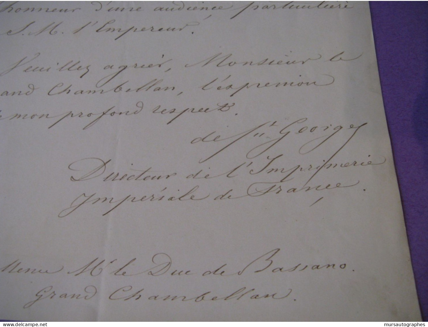 DE ST-GEORGES Autographe Signé 1857 DIRECTEUR IMPRIMERIE IMPERIALE Au DUC BASSANO - Historische Personen