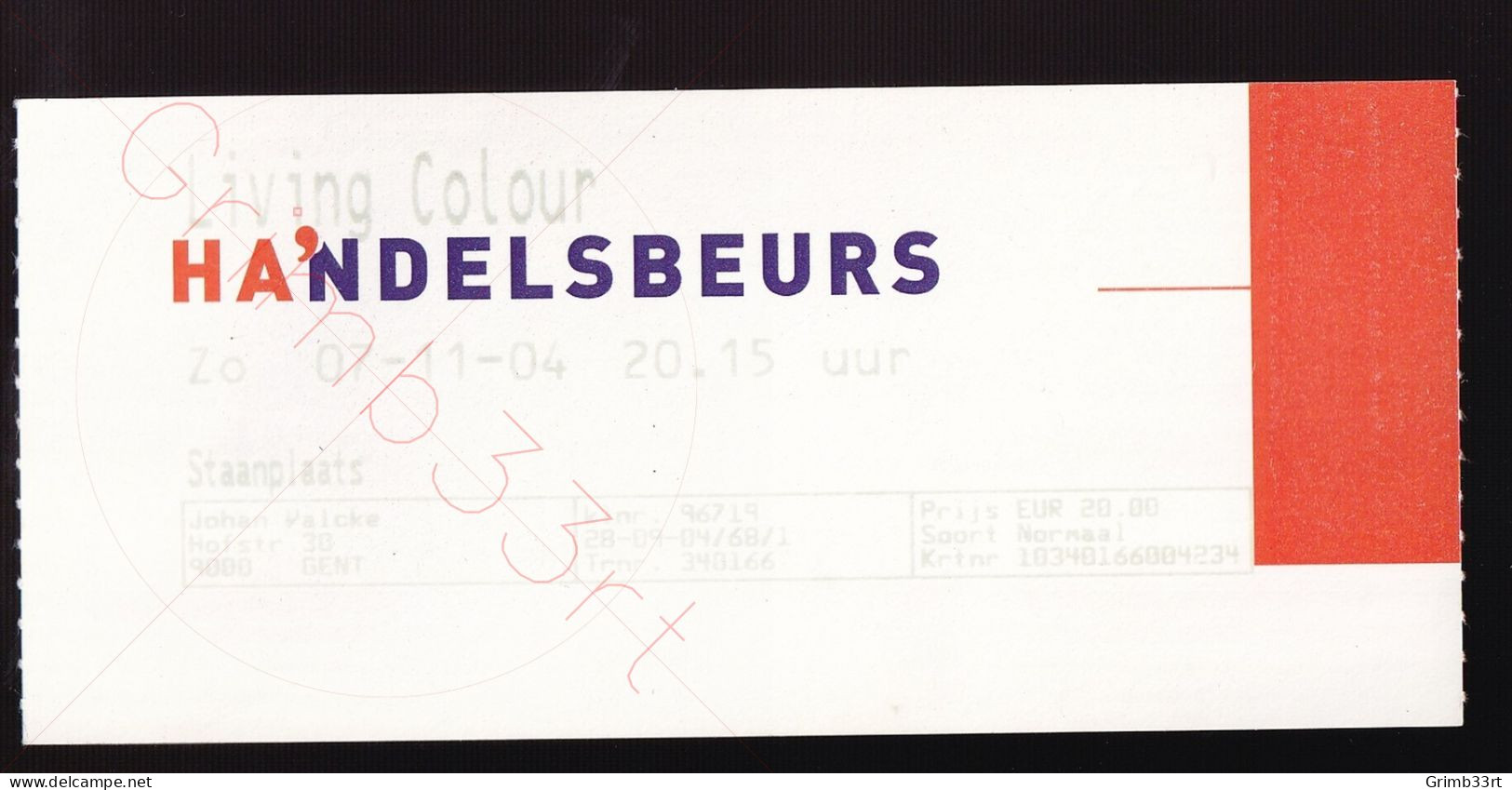 Living Colour - 7 November 2004 - Handelsbeurs (BE) - Concert Ticket - Tickets De Concerts