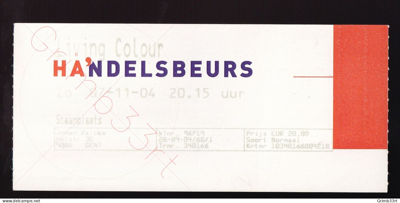 Living Colour - 7 November 2004 - Handelsbeurs (BE) - Concert Ticket - Konzertkarten