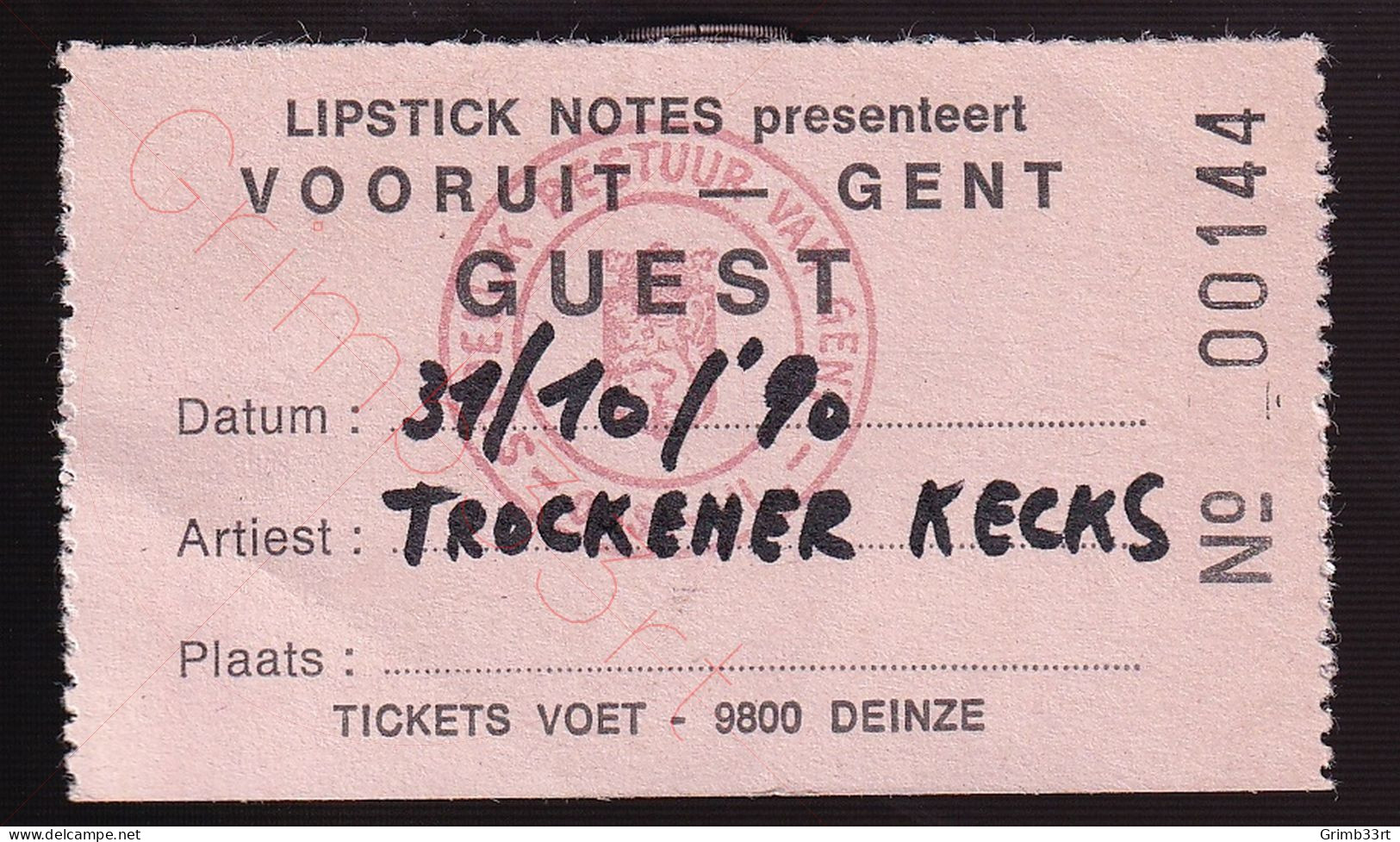 Tröckener Kecks - 31 Oktober 1990 - Vooruit Gent (BE) - Concert Ticket - Biglietti Per Concerti