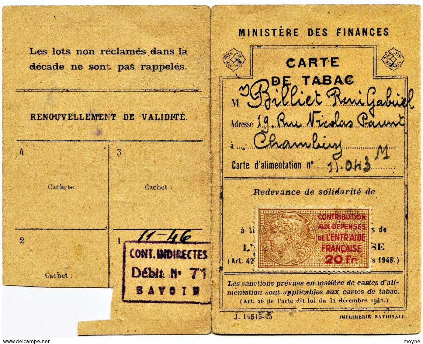 5049 -  Savoie  - Carte De Rationnement De TABAC  -  CHAMBERY  11- 1946 - Documents