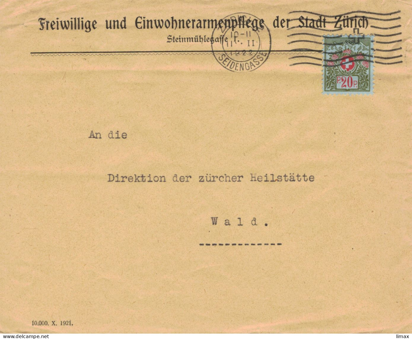 [A5] Freiwillige & Einwohner-Armenpflege Stadt Zürich 1928 > Zürcher Heilstätte Wald - Seidengasse - No. 336 - Vrijstelling Van Portkosten