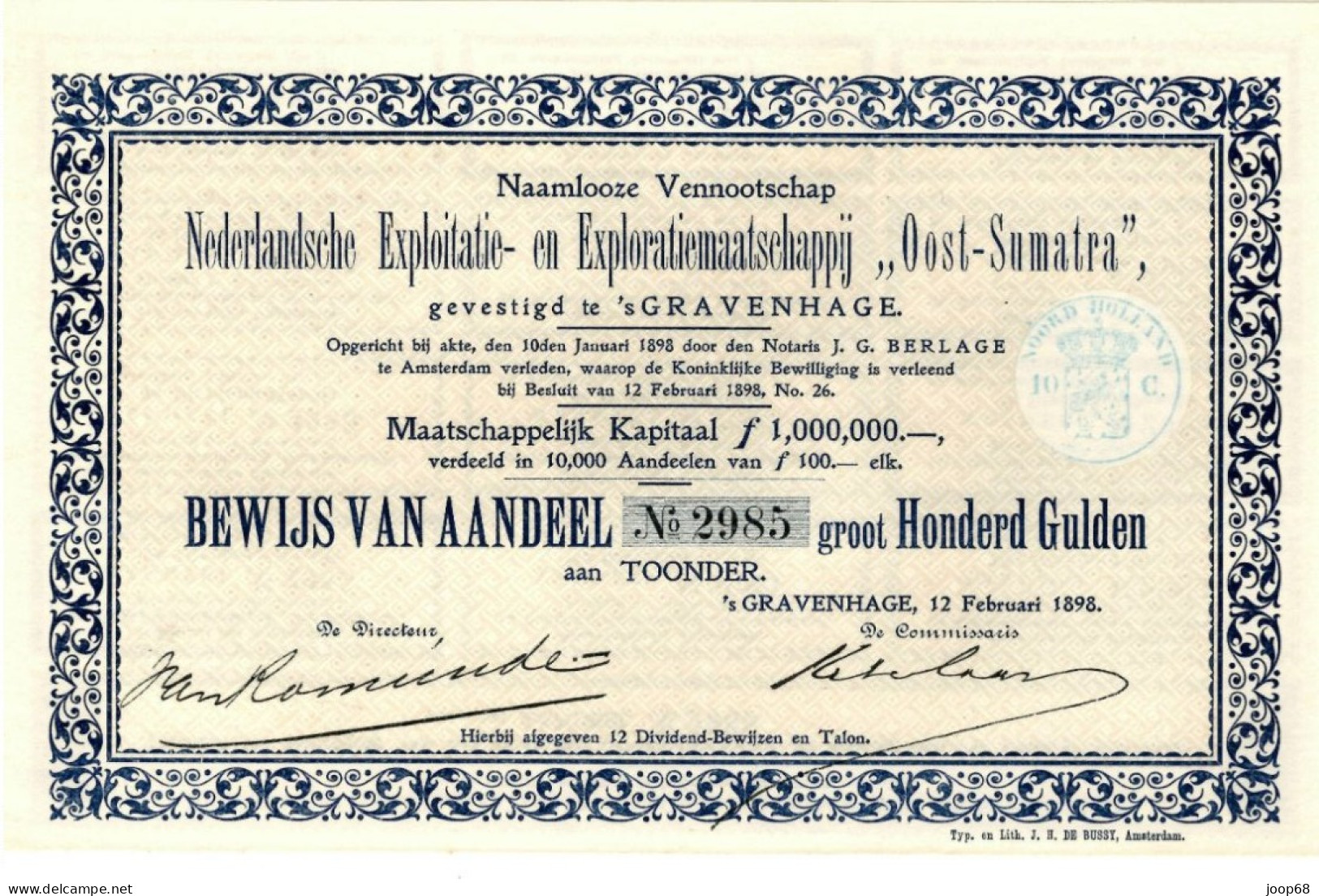 Nederlandsche Exploitatie- En Exploiratiemaatschappij "Oost-Sumatra" N.V. - Aandeel F 100 - 's Gravenhage 1898 Indonesia - Agricoltura