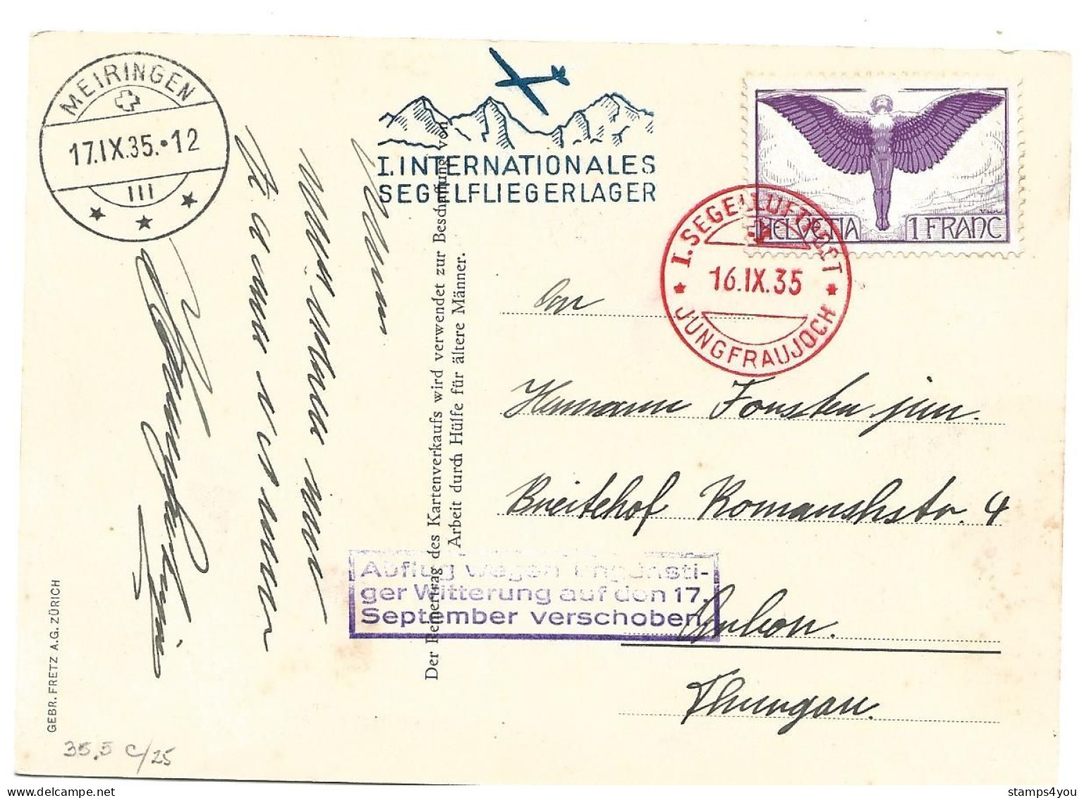 87 - 96 - Carte Jungfraujoch Avec Oblit Spéciale "1. Internationales Segelfliegerlager 1935" - Sonstige & Ohne Zuordnung