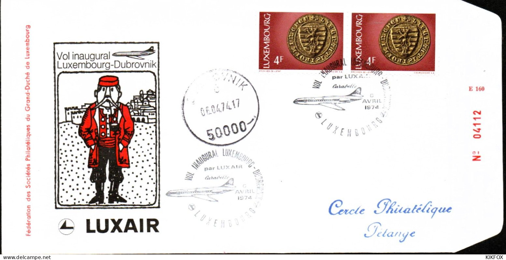 Luxembourg , Luxemburg ,6 April 1974 ,FDC  Vol Inaugural Luxembourg - Dubrovnik , Timbre Mi 880, GESTEMPELT - Cartas & Documentos