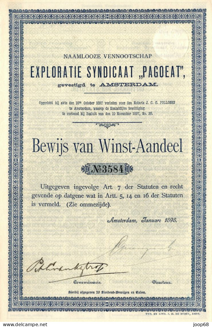 Exploratie Syndicaat "Pagoeat" N.V. - Winst-Aandeel - Amsterdam 1898 Indonesia - Agriculture