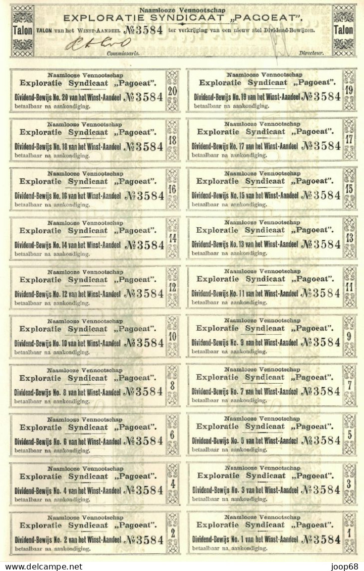 Exploratie Syndicaat "Pagoeat" N.V. - Winst-Aandeel - Amsterdam 1898 Indonesia - Agricultura