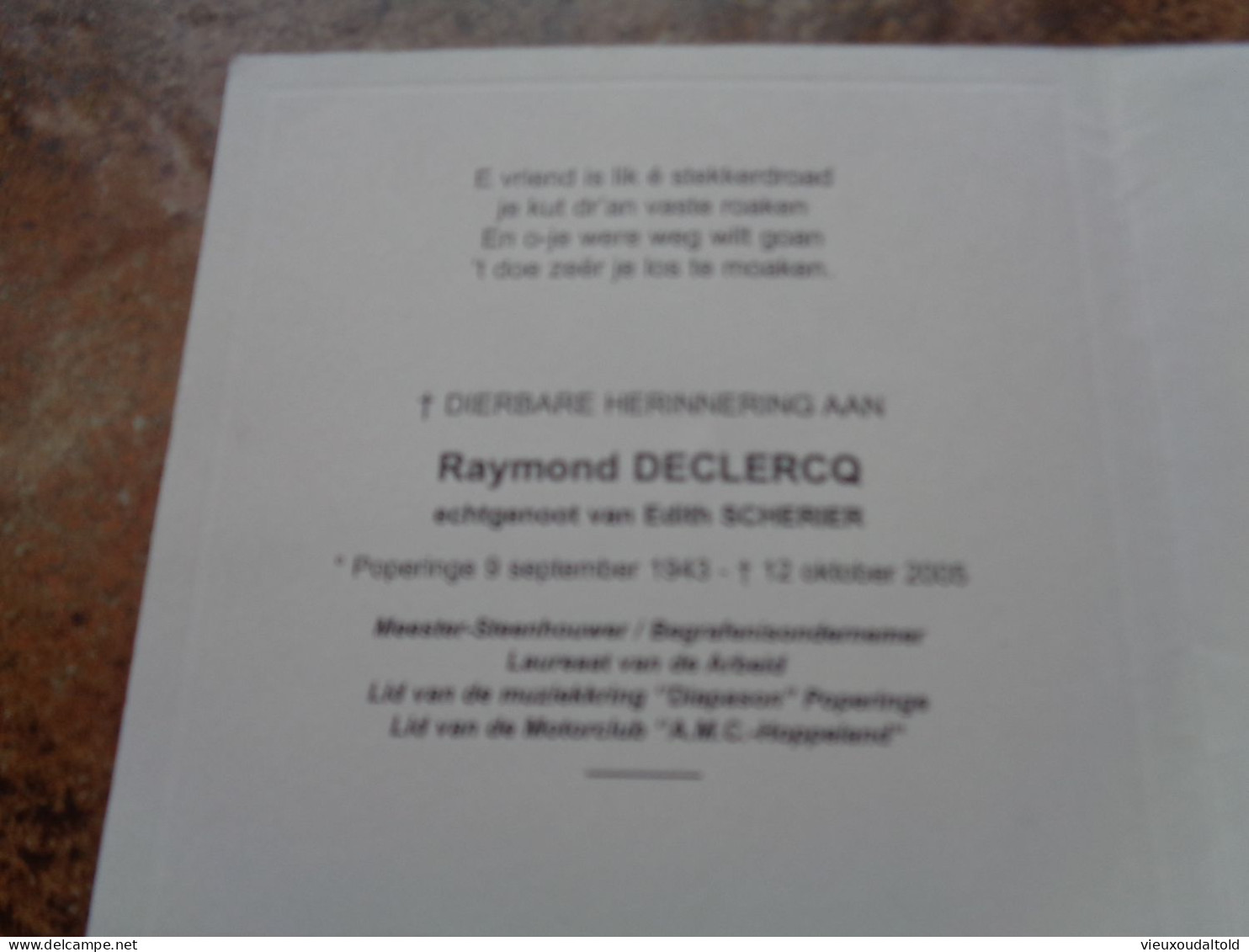 Doodsprentje/Bidprentje  Raymond DECLERCQ   Meester-Steenhouwer/Begrafenisondernemer  Poperinge 1943-2005 - Godsdienst & Esoterisme