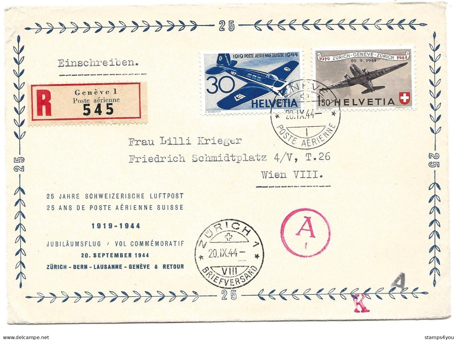87 - 94 - Enveloppe Recommandée 25 Ans Poste Aérienne Suisse 1944 - Vol Genève-Zürich - Other & Unclassified