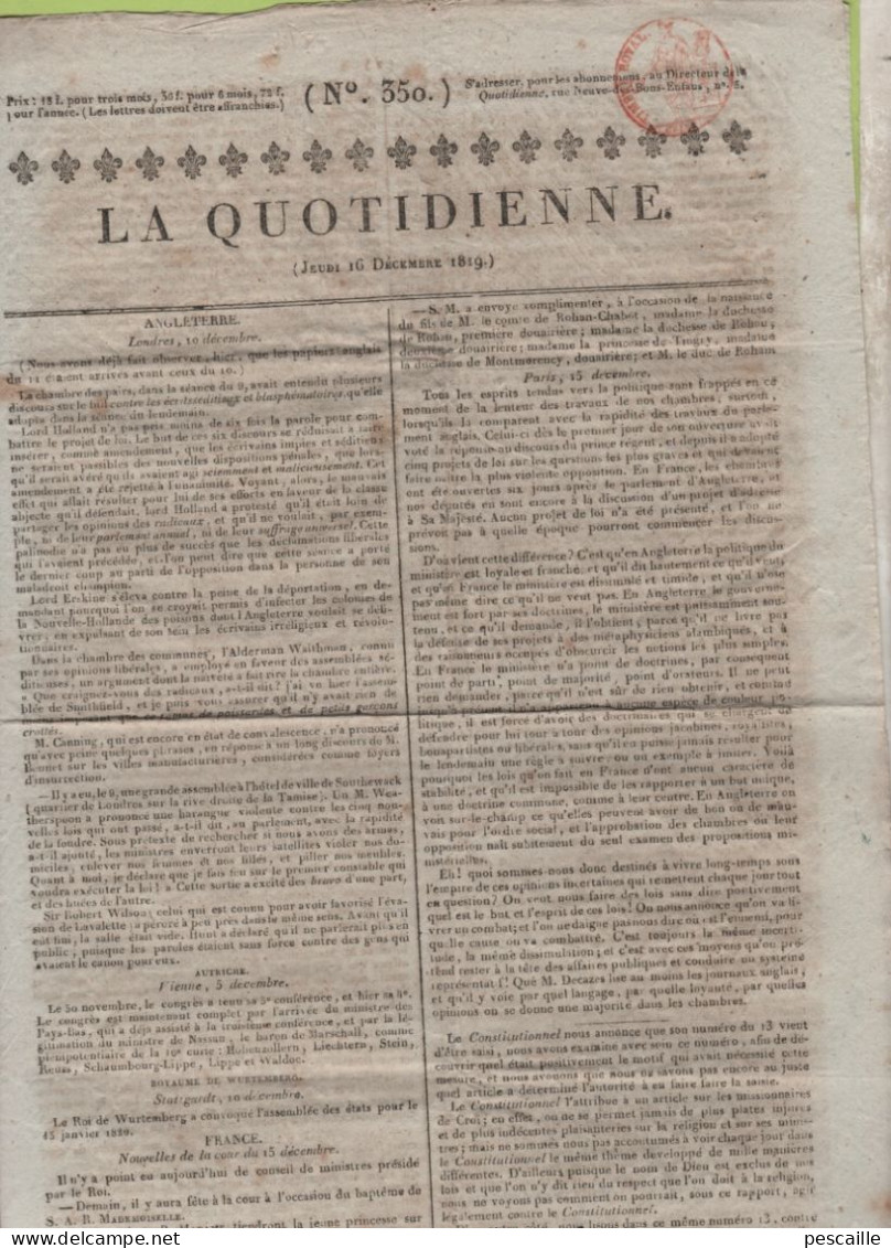 LA QUOTIDIENNE 16 12 1819 - ANGLETERRE ECRITS SEDITIEUX - ORDRE DE SAINT MICHEL - MEUDON - CROI ARRONDISSEMENT DE MEAUX - 1800 - 1849