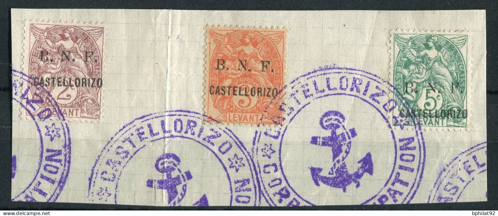 !!! CASTELLORIZO, TYPES BLANC SUR GRAND FRAGMENT, GRAND CACHET VIOLET - Used Stamps