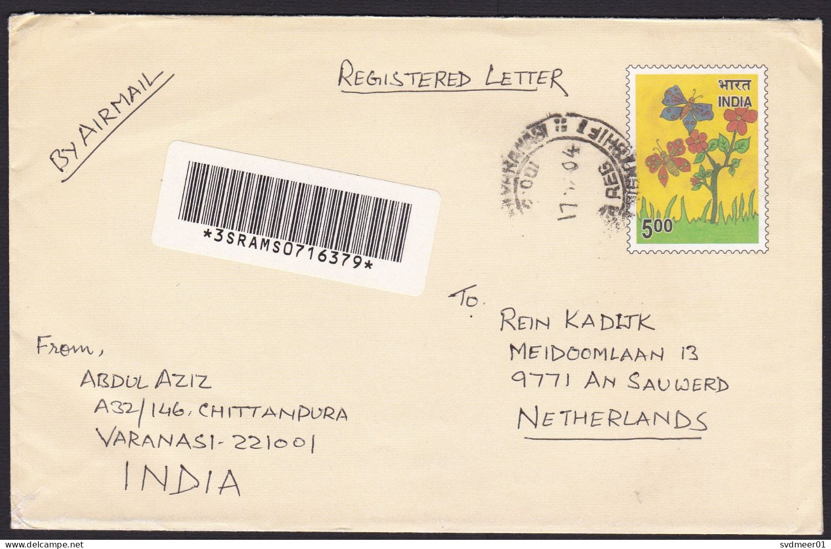 India: Registered Stationery Cover To Netherlands, 2004, Butterfly, Flower, ATM Machine Label At Back (traces Of Use) - Cartas & Documentos