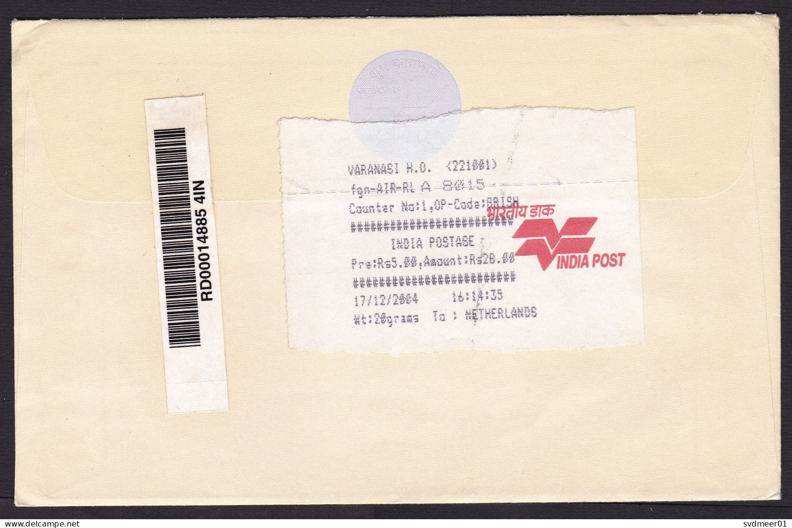 India: Registered Stationery Cover To Netherlands, 2004, Butterfly, Flower, ATM Machine Label At Back (traces Of Use) - Lettres & Documents