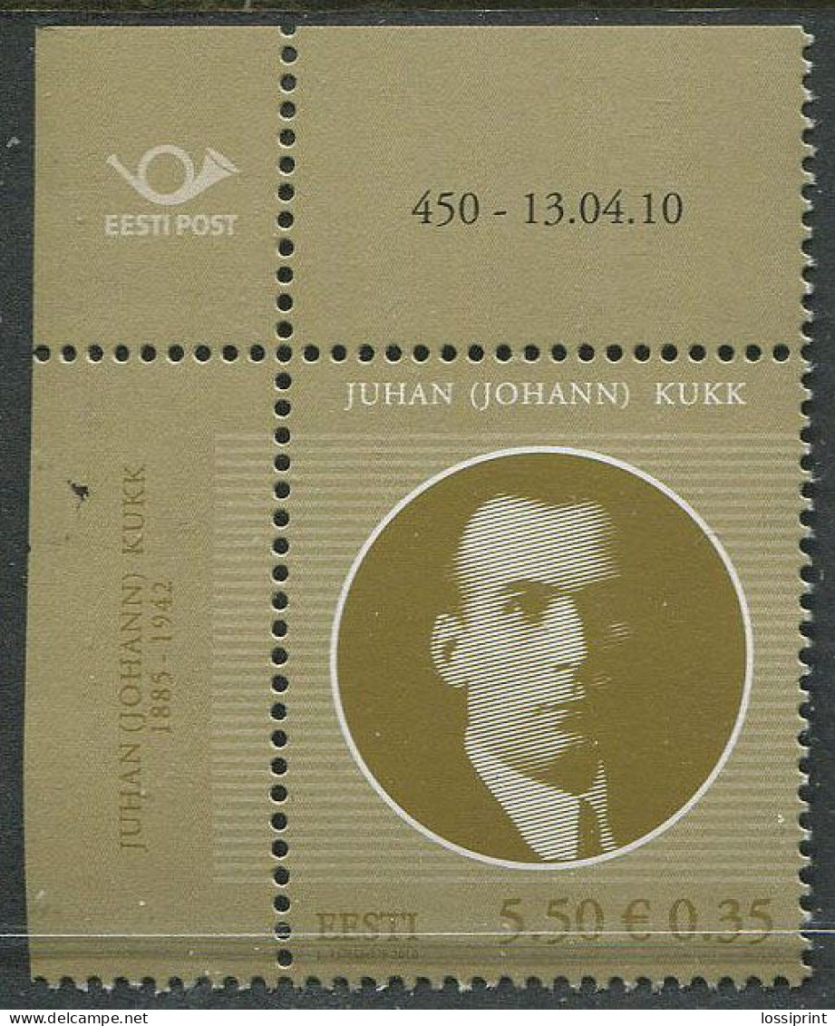 Estonia:Unused Stamp Politician Juhan (Johann) Kukk, Corner!, 2010, MNH - Estonie