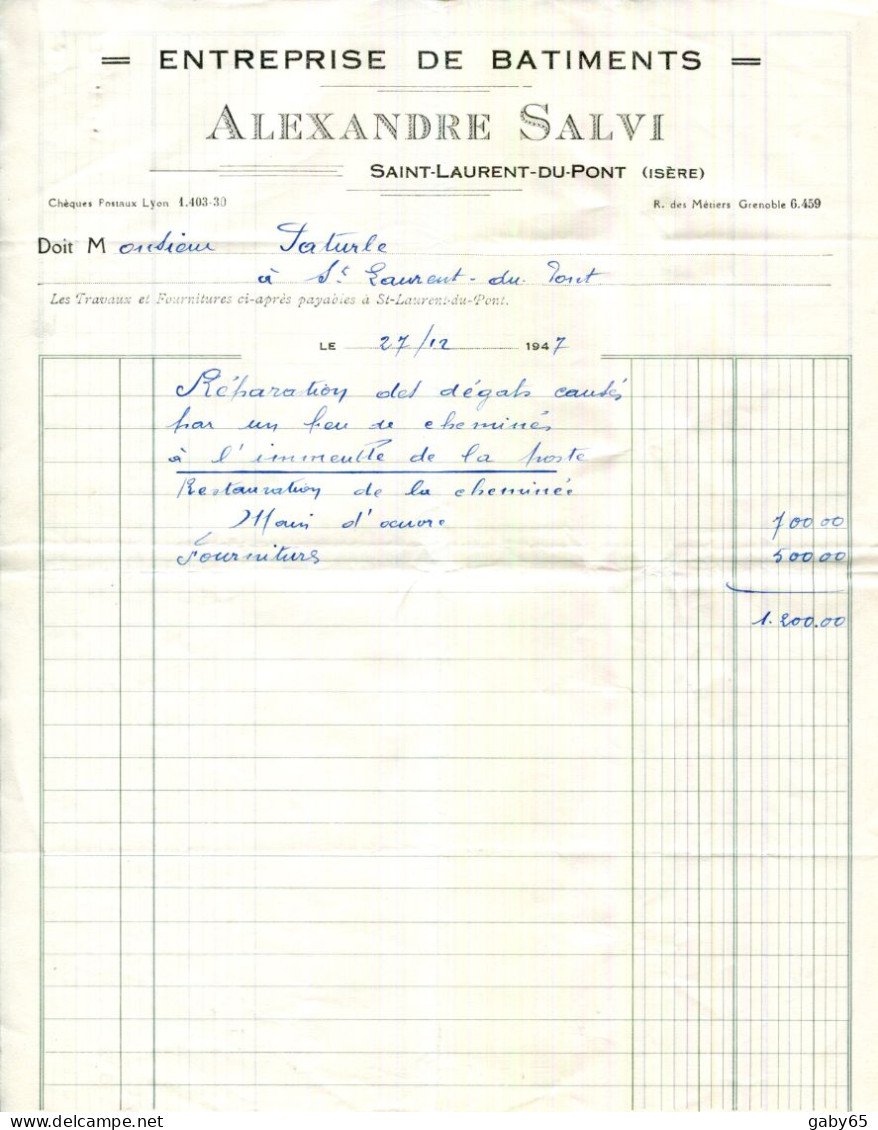 FACTURE.38.ISERE.SAINT LAURENT DU PONT.ENTREPRISE DE BATIMENTS.ALEXANDRE SALVI. - Straßenhandel Und Kleingewerbe