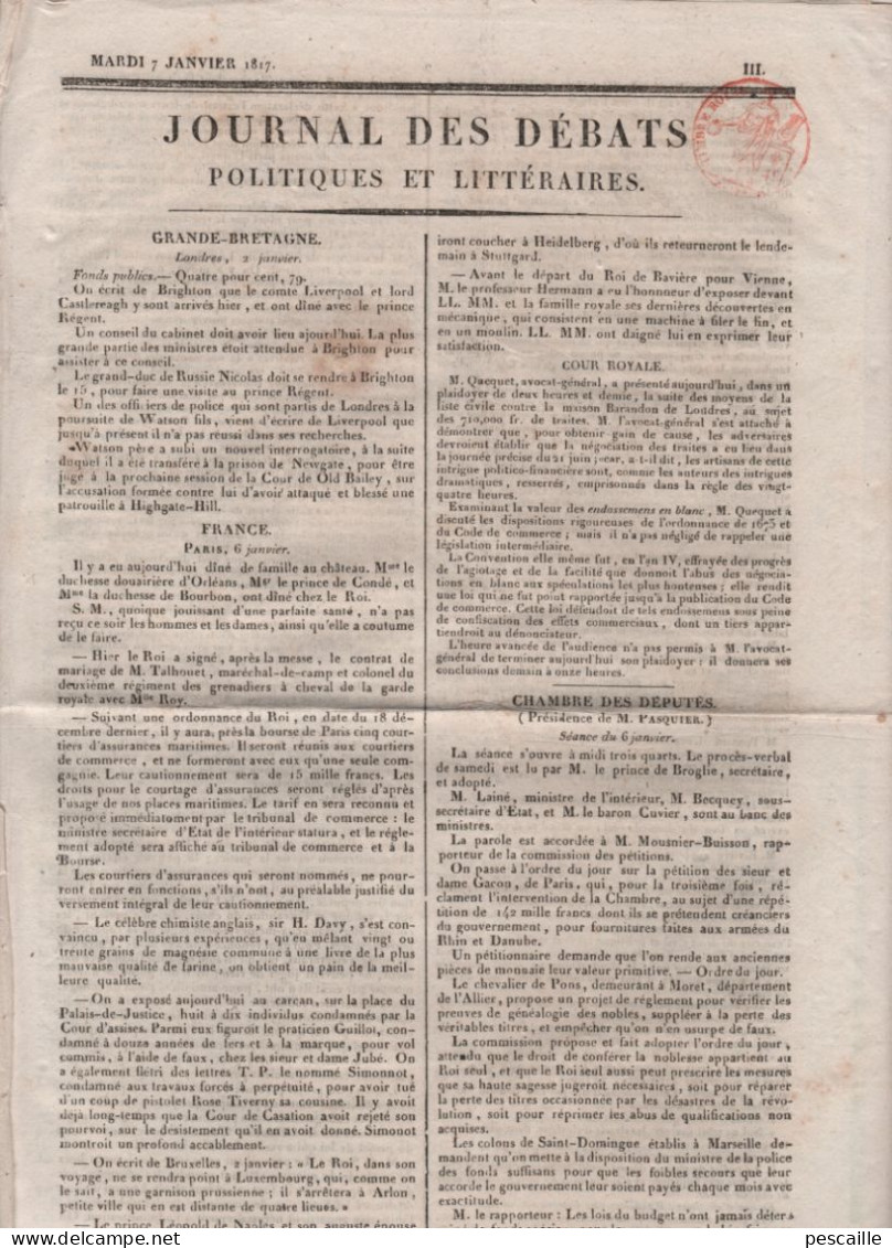 JOURNAL DES DEBATS 07 01 1817 - CARCAN - LOI SUR LES ELECTIONS / COLLEGES ELECTORAUX / CENS - 1800 - 1849