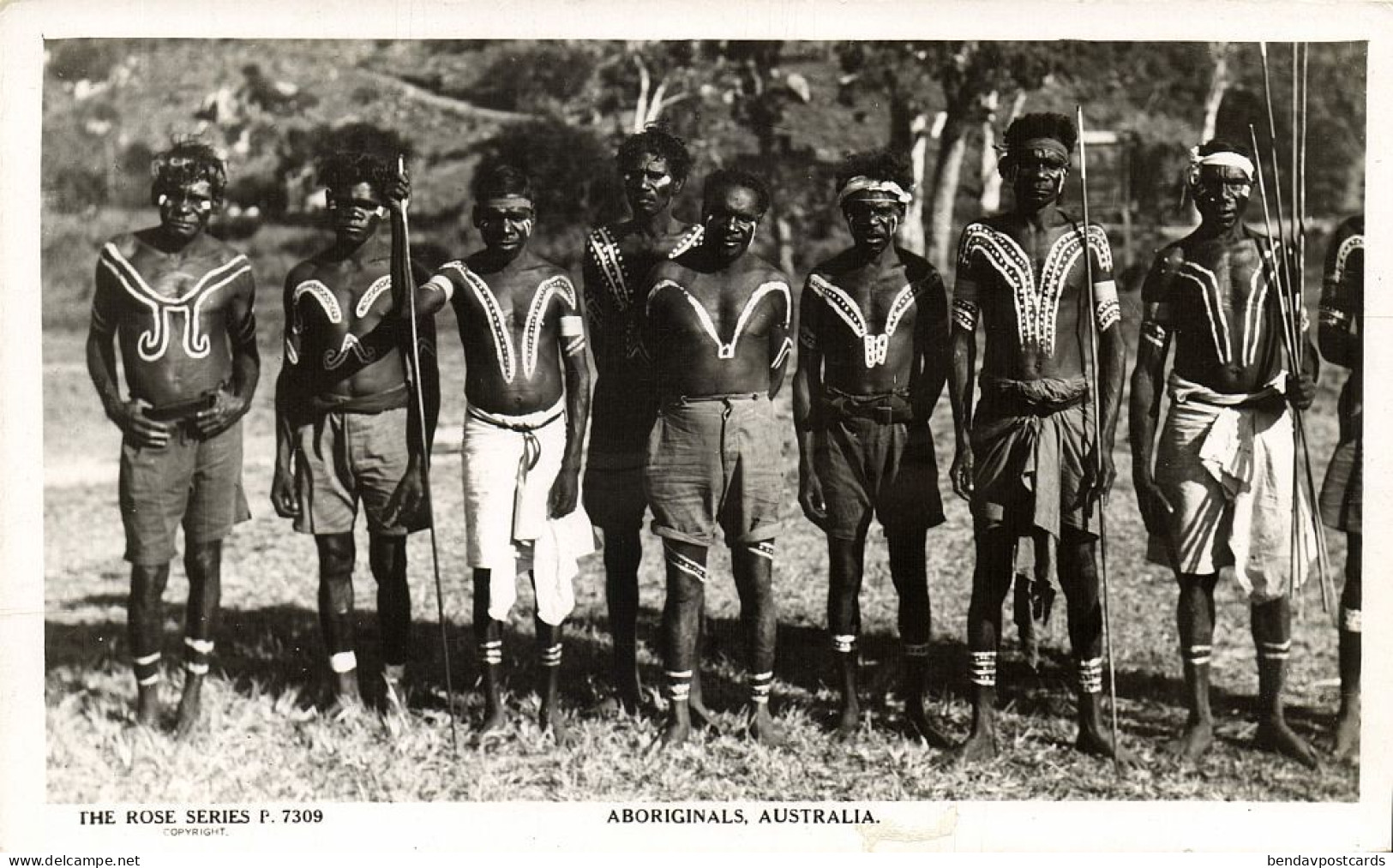 Australia, Group Of Armed Aboriginals, Body Painting (1950s) Rose RPPC Postcard - Aborigines