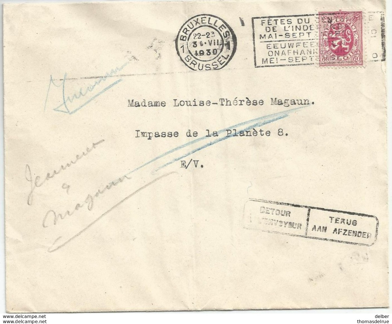 6Rm-051:  N° 286: 1 BRUXELLES 1 BRUSSEL 31.VII 1930> E/V.+Inconnu + RETOUR à ...+etiq. INCONNU.. Neden - 1929-1937 Heraldischer Löwe