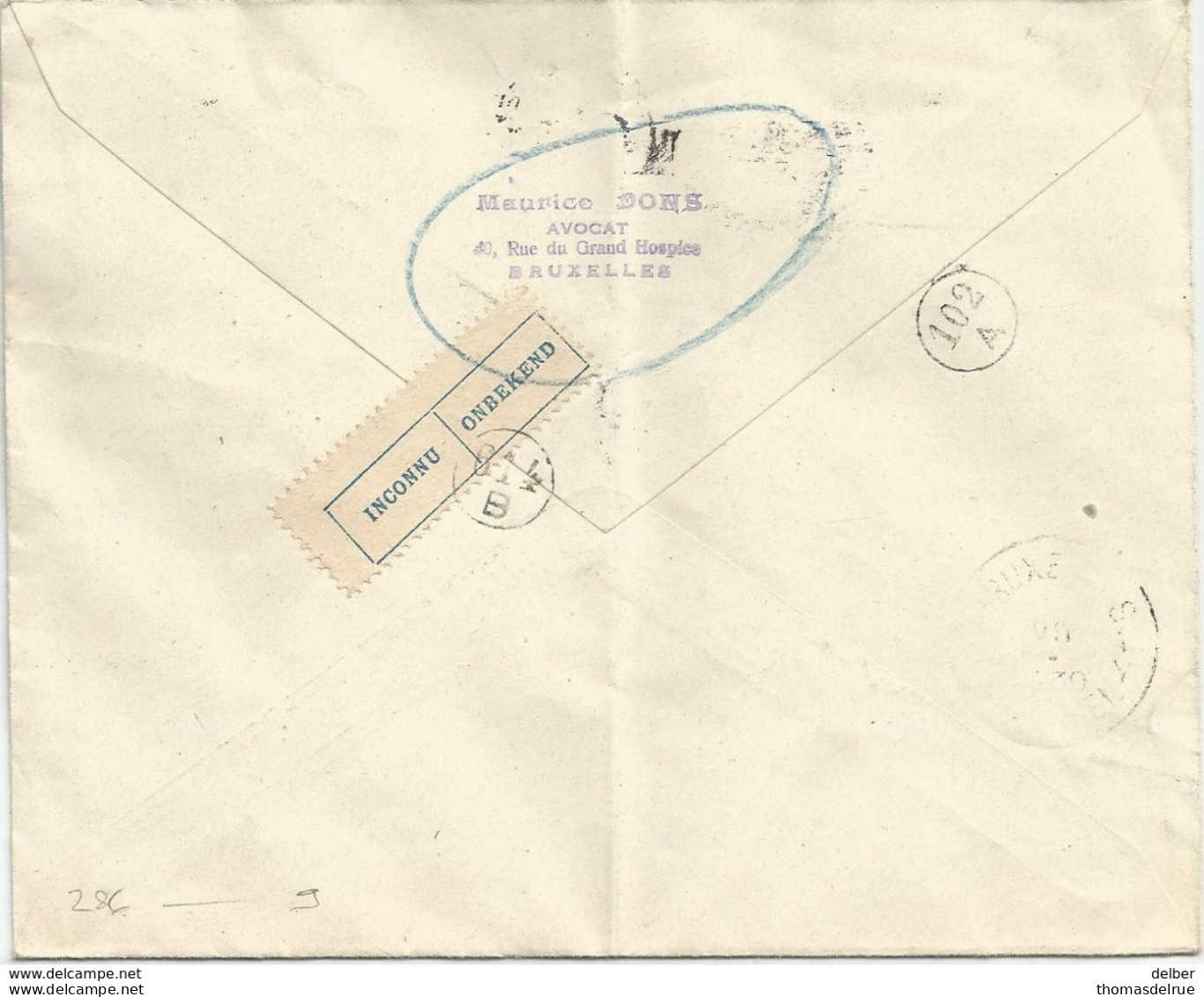 6Rm-051:  N° 286: 1 BRUXELLES 1 BRUSSEL 31.VII 1930> E/V.+Inconnu + RETOUR à ...+etiq. INCONNU.. Neden - 1929-1937 Leone Araldico