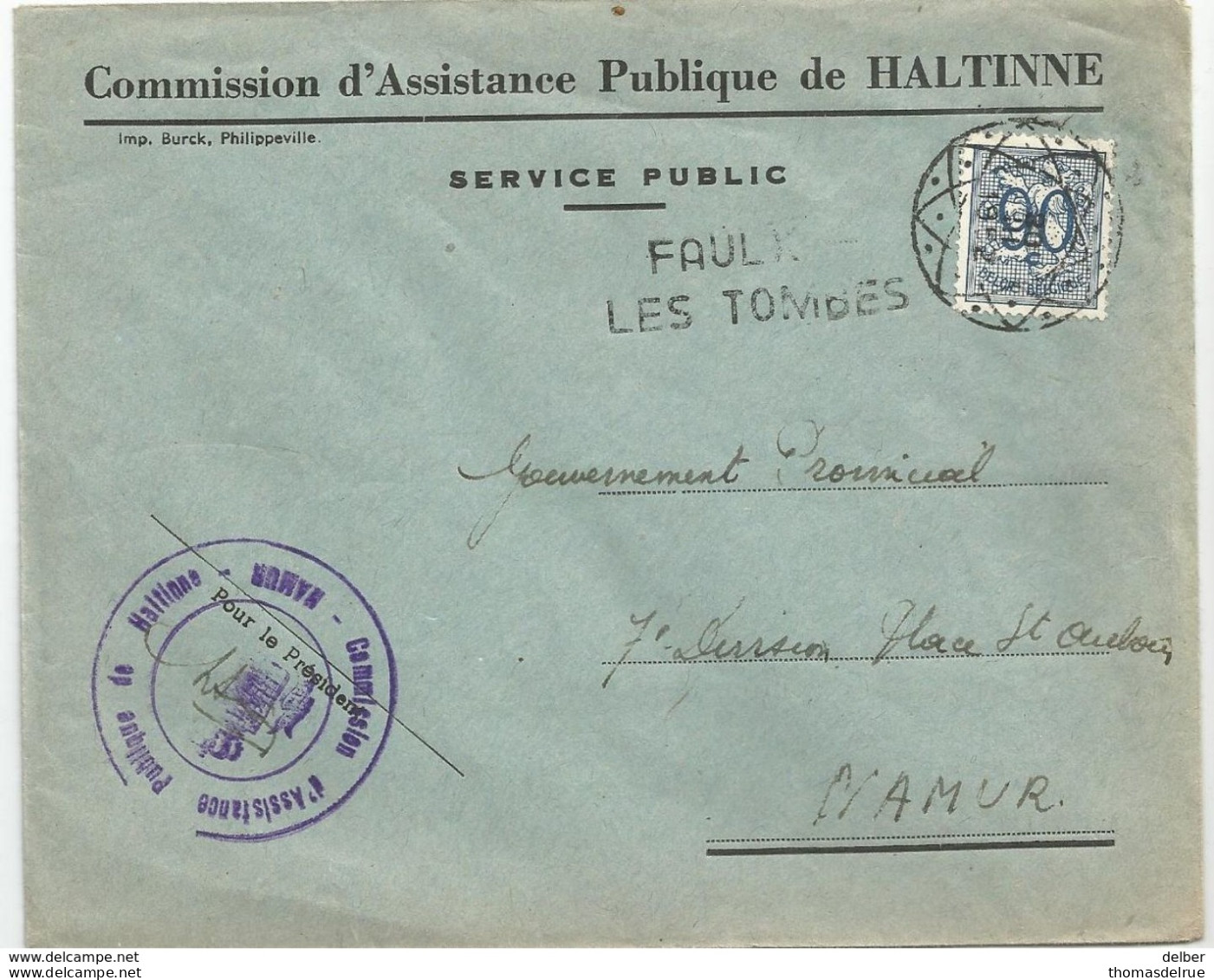 _6Rm-076: N° 858:  20  III  1952: Diamantstempel + Stationstempel: FAULX LES TOMBES > Namur - 1951-1975 Heraldieke Leeuw