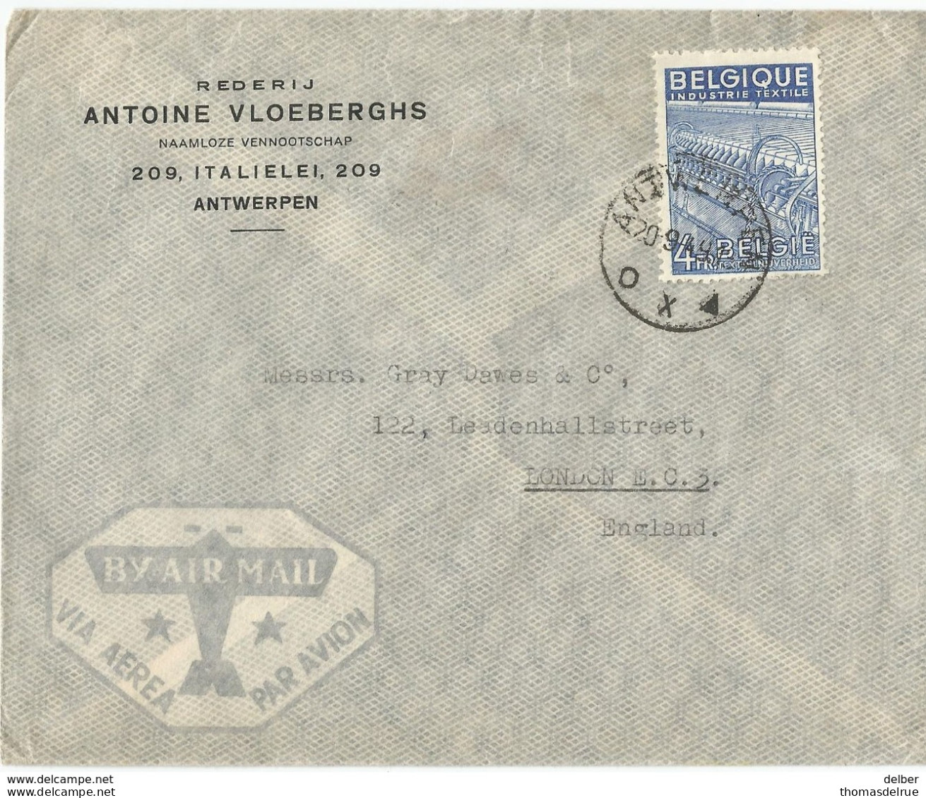 6Mm-941 N° 771 : ANTWERPEN 20-9-49 OX▲ > London  By Air Mail - 1948 Export