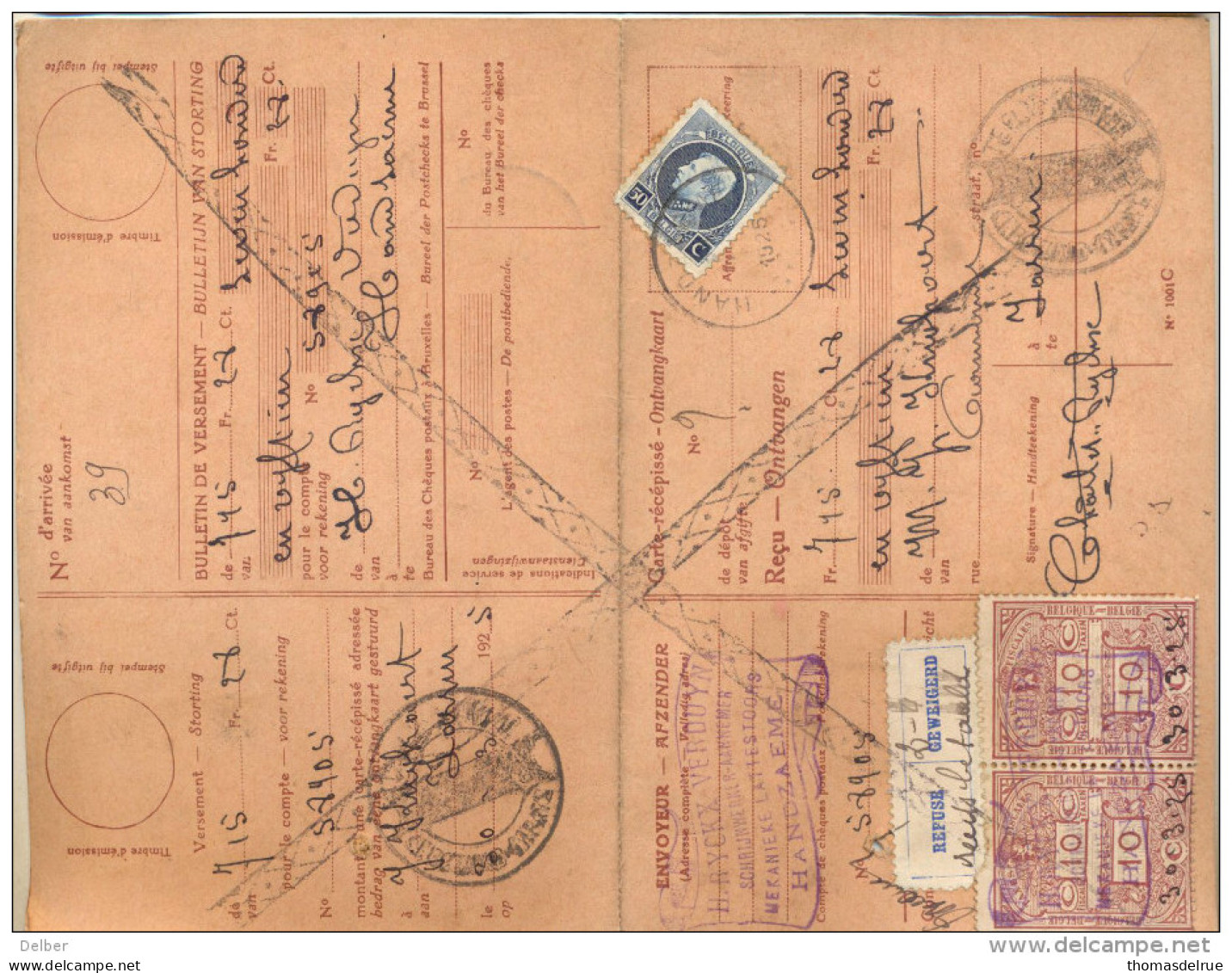 1p076: Geweigerde Betaalkaart: N°211: HANDZAME 1925 + Fiskale Zegels - 1921-1925 Petit Montenez