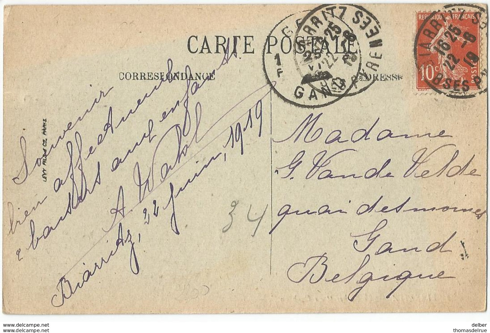 8Eb-434: 10c Semeuse : BIARITZ  19 > Gand : 1F GENT 1F G 6-7 25 VI   ▄▄ : Noodstempel: Geen Jaar /pk: Biaritz - Fortune Cancels (1919)