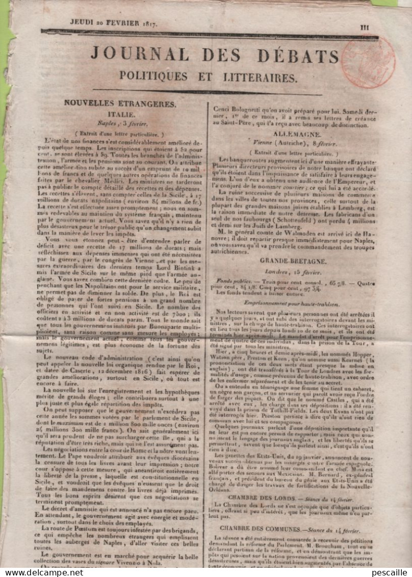 JOURNAL DES DEBATS 20 02 1817 - NAPLES - LONDRES HAUTE TRAHISON - VIENNE - MISSIONS - CONTRIBUTIONS DIRECTES / CADASTRE - 1800 - 1849