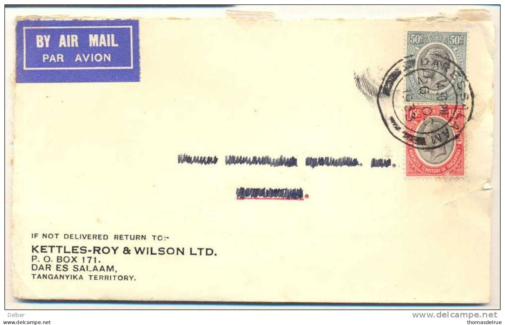 _Nx023:MANDATED TERRITORY OF TANGANYIKA: 2 - Colour: 15c + 50c:   BY AIR : Adres Geschrapt : DAR ES SALAAM 26 OC 1933 - Tanganyika (...-1932)