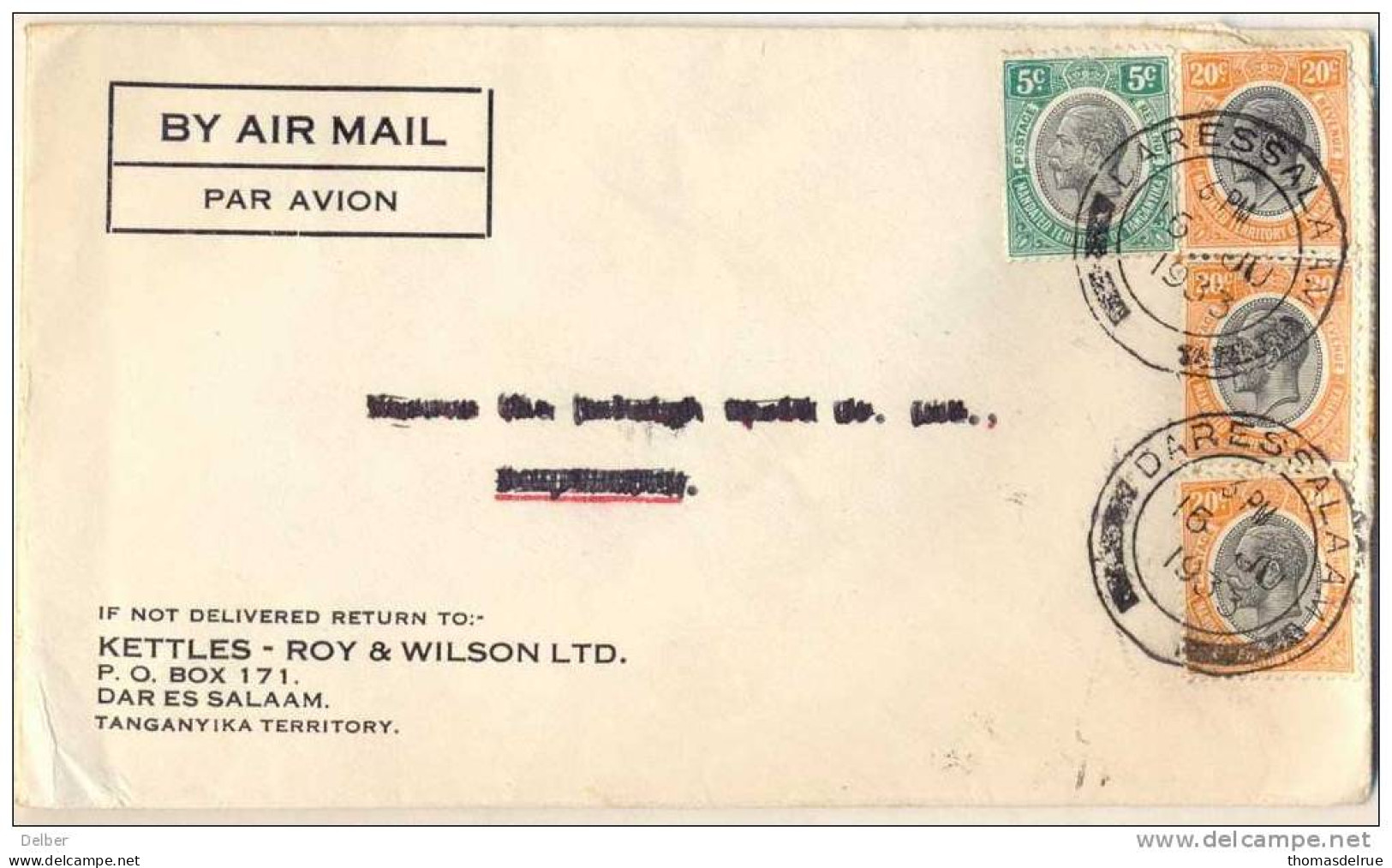 _Nx022:MANDATED TERRITORY OF TANGAYIKA: 5c+20c+20c &30c: BY AIR:adres Geschrapt: DAR ES SALAAM1932 - Tanganyika (...-1932)