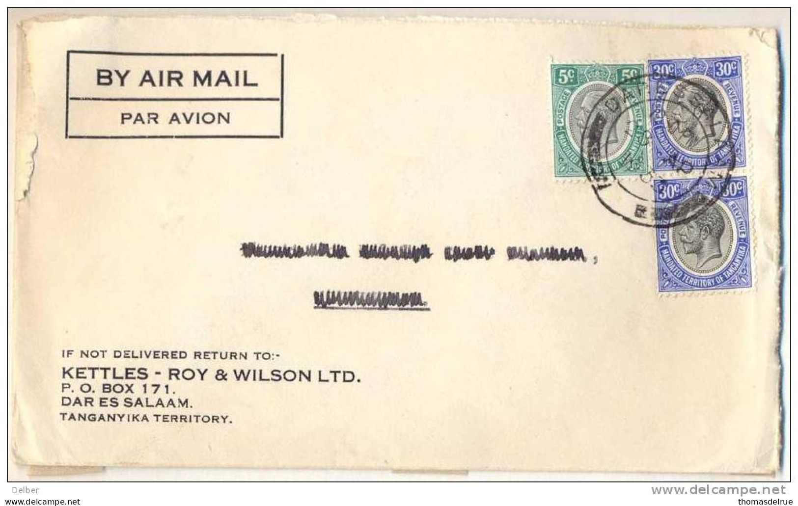 _Nx021:MANDATED TERRITORY OF TANGAYIKA: 5c+30c &30c: BY AIR:adres Geschrapt: DAR ES SALAAM1933 - Tanganyika (...-1932)