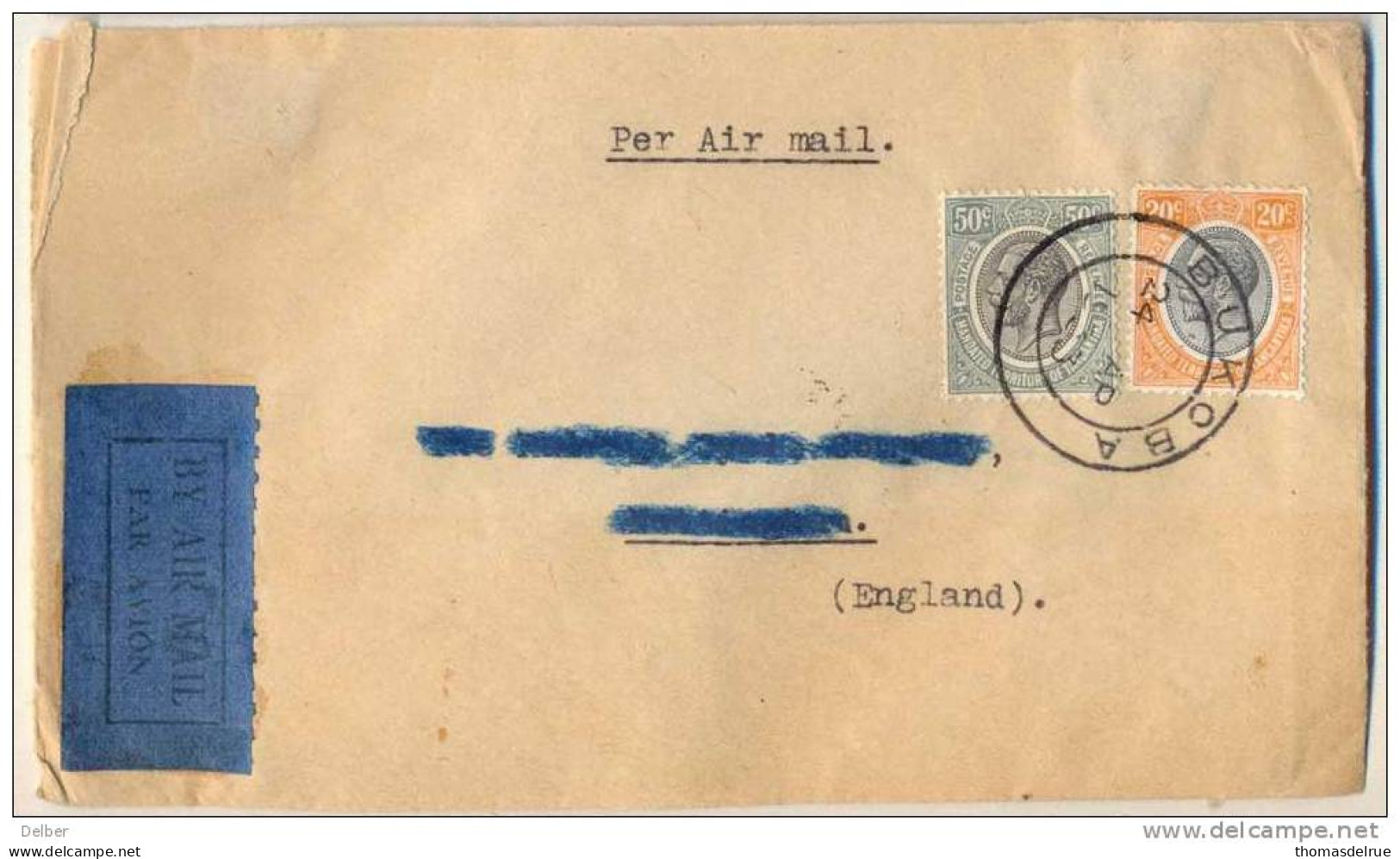 _Np985:MANDATED TERRITORY OF TANGANYIKA:  20c &50c: BY AIR:adres Geschrapt: BUKOBA 24 AP 1933 Via KAMPALA UGANDA - Tanganyika (...-1932)