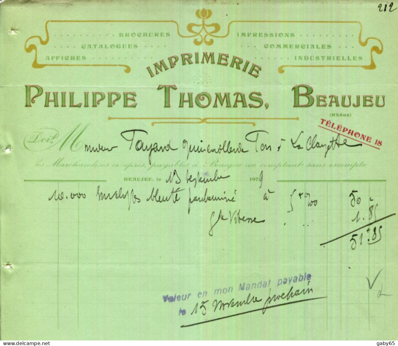 FACTURE.69.RHONE.BEAUJEU.IMPRIMERIE PHILIPPE THOMAS. - Printing & Stationeries