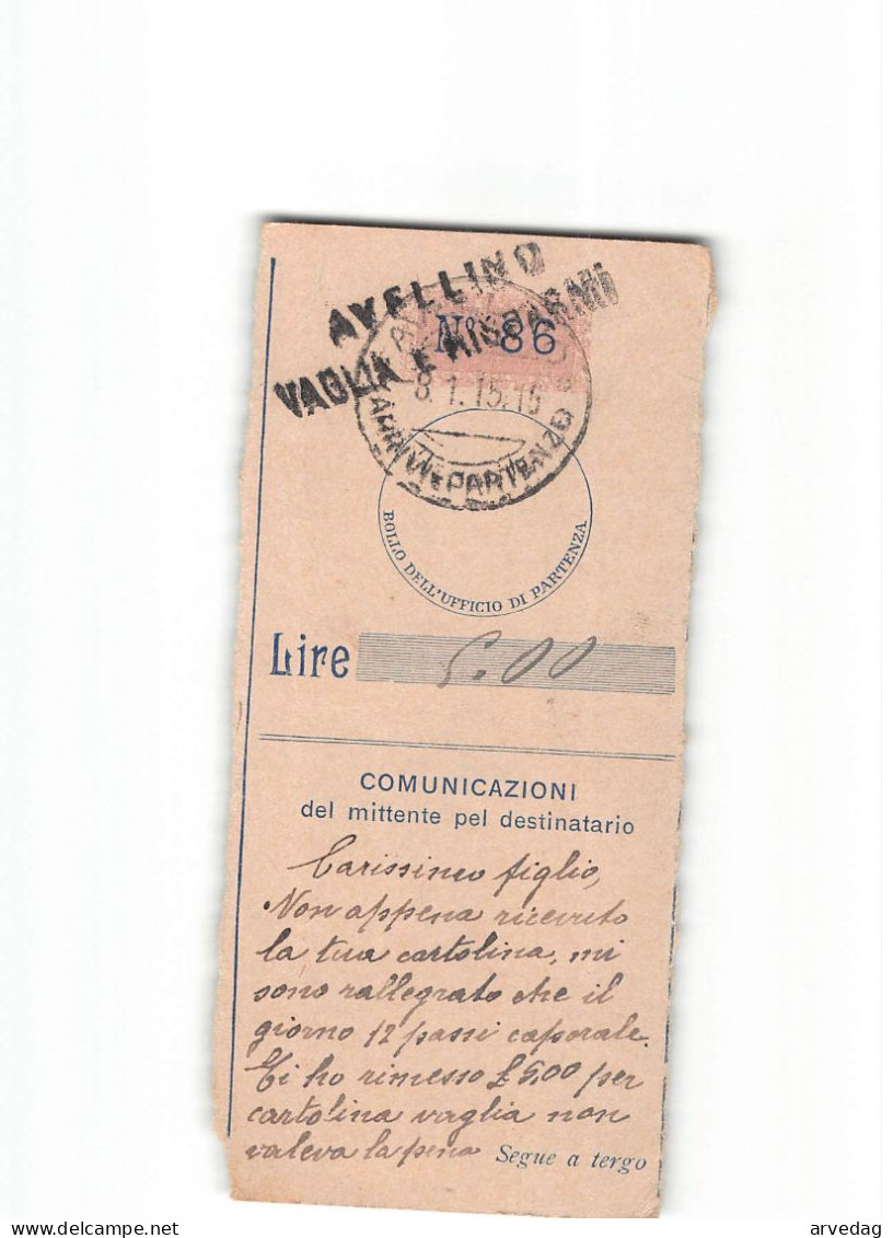 X1315 RICEVUTA VAGLIA AVELLINO - Taxe Pour Mandats