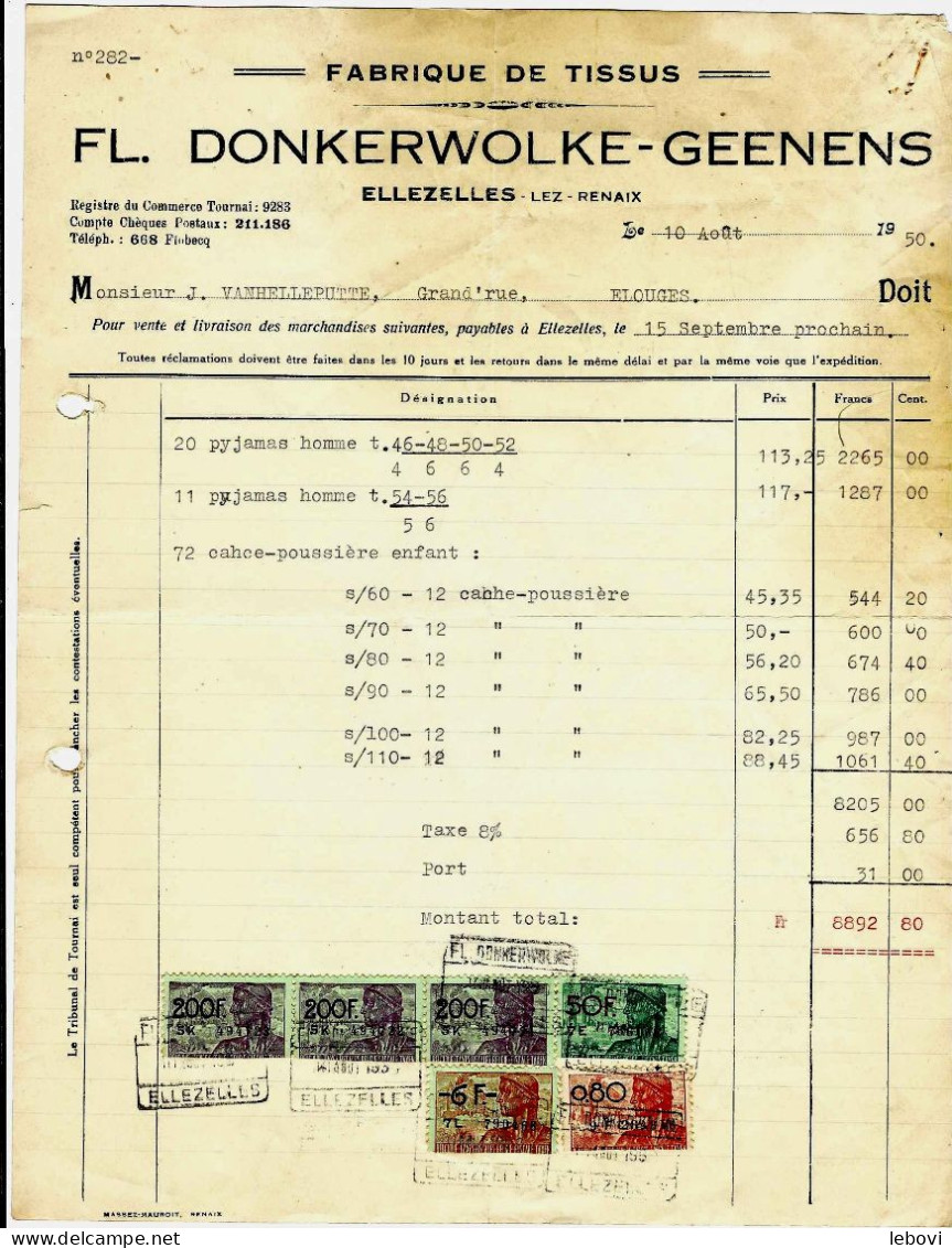 ELLEZELLES – Et. FL. DONKERWOLKE - GEENENS   - Fabrique De Tissus– Facture (1950) - 1950 - ...