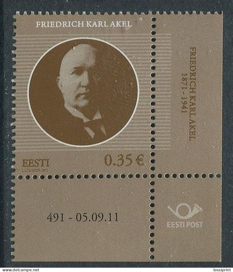 Estonia:Unused Stamp Politician Friedrich Karl Akel, Corner!, 2011, MNH - Estonie