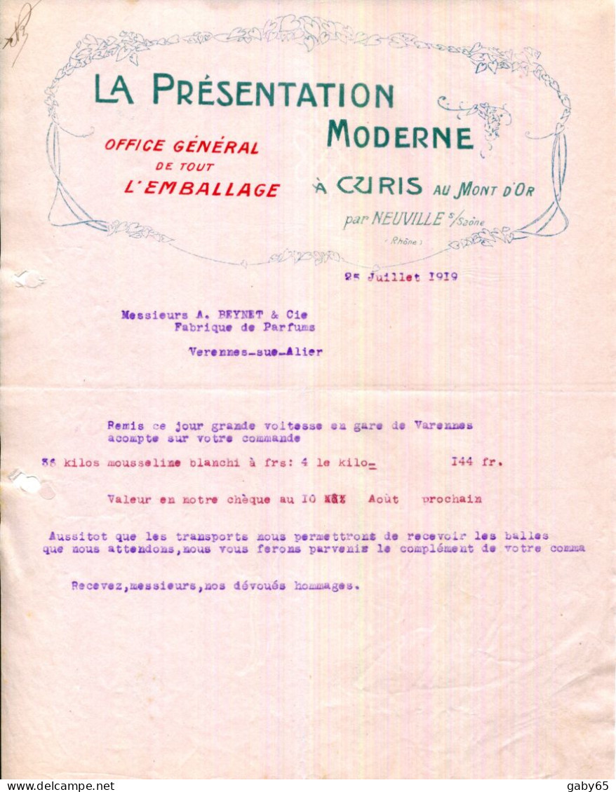 FACTURE.69.RHONE.CURIS AU MONT D'OR.OFFICE GENERAL DE TOUT L'EMBALLAGE.LA PRESENTATION MODERNE. - Imprenta & Papelería