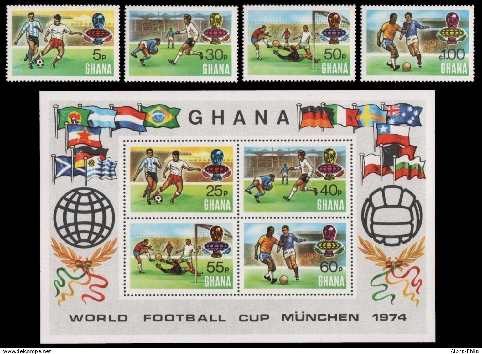 Ghana 1974 - Mi-Nr. 564-567 A & Block 57 A ** - MNH - Fußball / Soccer, Football - Ghana (1957-...)