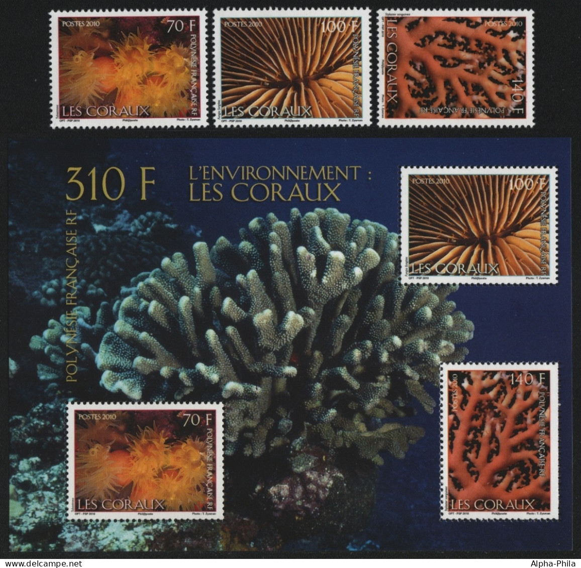 Franz. Polynesien 2010 - Mi-Nr. 1106-1108 & Block 36 ** - MNH - Koralle / Coral - Neufs