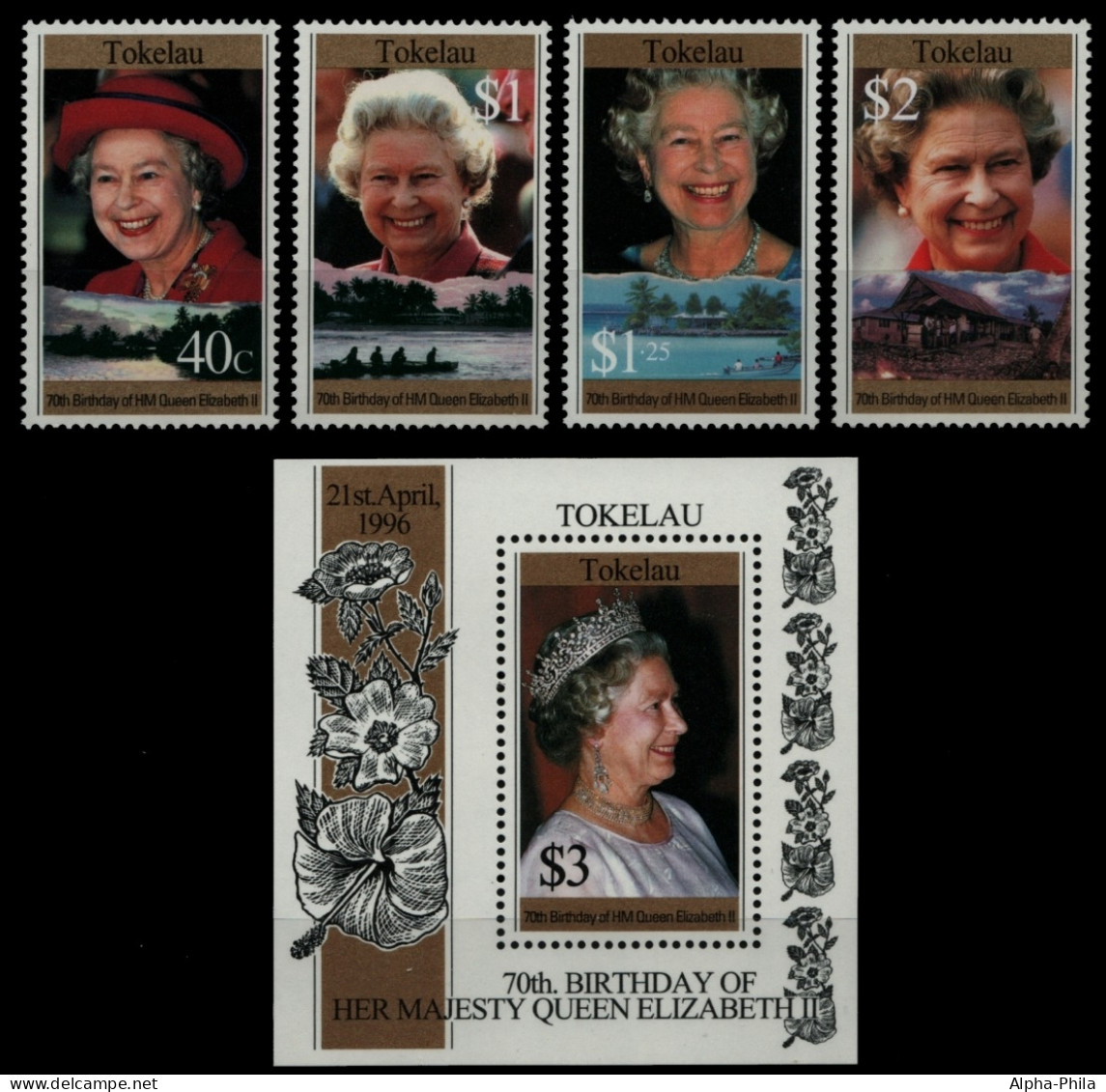 Tokelau 1996 - Mi-Nr. 229-232 & Block 8 ** - MNH - 70. Geburtstag Der Queen - Tokelau