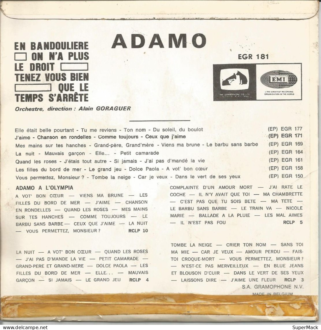 45T ADAMO En Bandoulière EMI EGR181 Belgique 1966 - Collectors