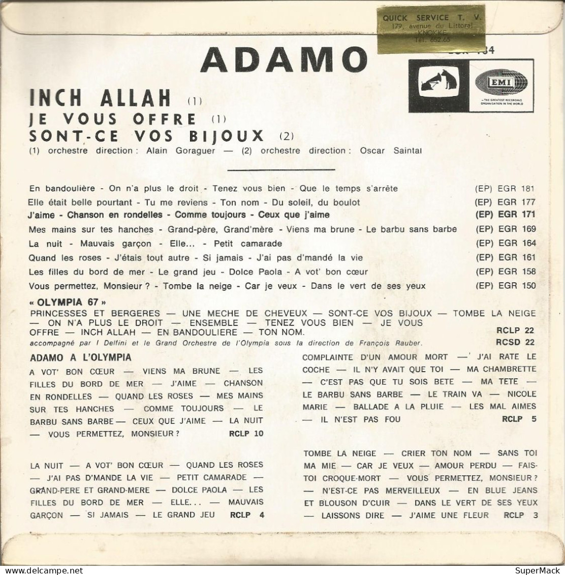 45T ADAMO - Inch' Allah - EMI EGR 184 - Belgique - 1967 - Collectors