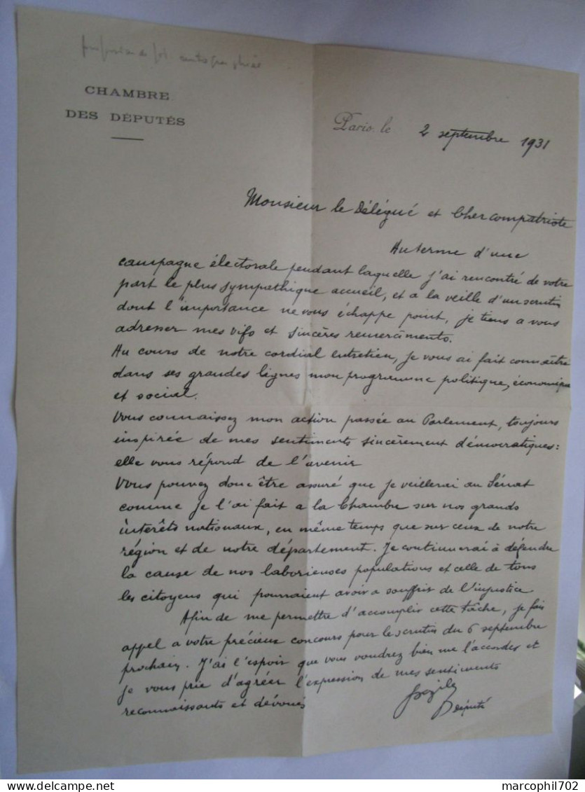 Autographe De Bazile Nimes Profession De Foi Discour De 1931 Enveloppe Chambre Des Deputés - Historische Personen