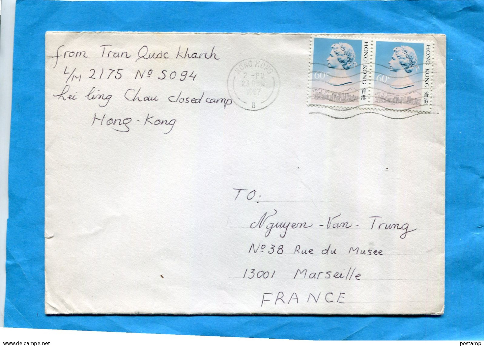 Marcophilie-HONG KONG-lettre >Françe Cad 1987 2 Stamps N°502 A QUEEN - Cartas & Documentos