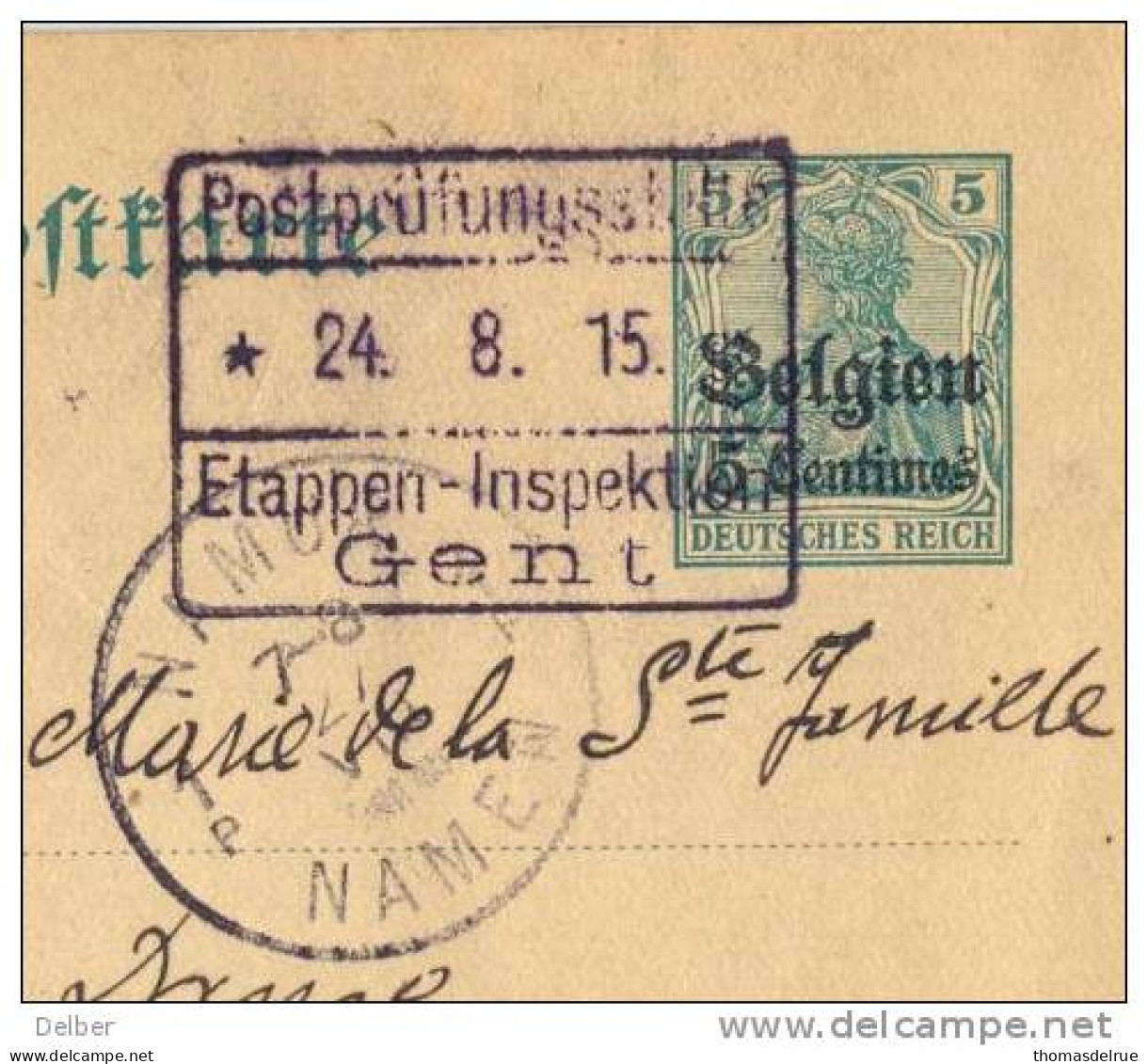 _Q318:5 CENTIEMES Postkarte: Verstuurd Uit Etappengebied > Klooster In Namur ..zonder Adres Afzender [Termonde] - OC26/37 Territori Tappe
