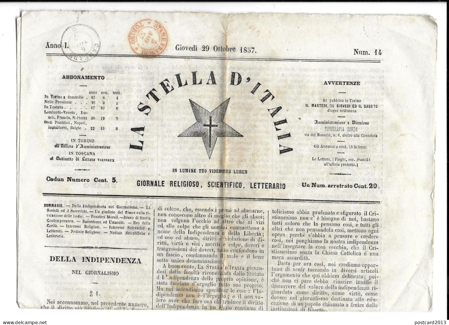 REGNO DI SARDEGNA , GIORNALE  " LA STELLA D'ITALIA " BOLLO ROSSO " STAMP. FRANCHI - TORINO " E " CARCARE " , 1857 . - Sardegna