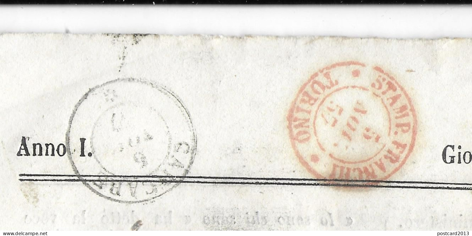 REGNO DI SARDEGNA , GIORNALE  " LA STELLA D'ITALIA " BOLLO ROSSO " STAMP. FRANCHI - TORINO " E " CARCARE " , 1857 . - Sardegna