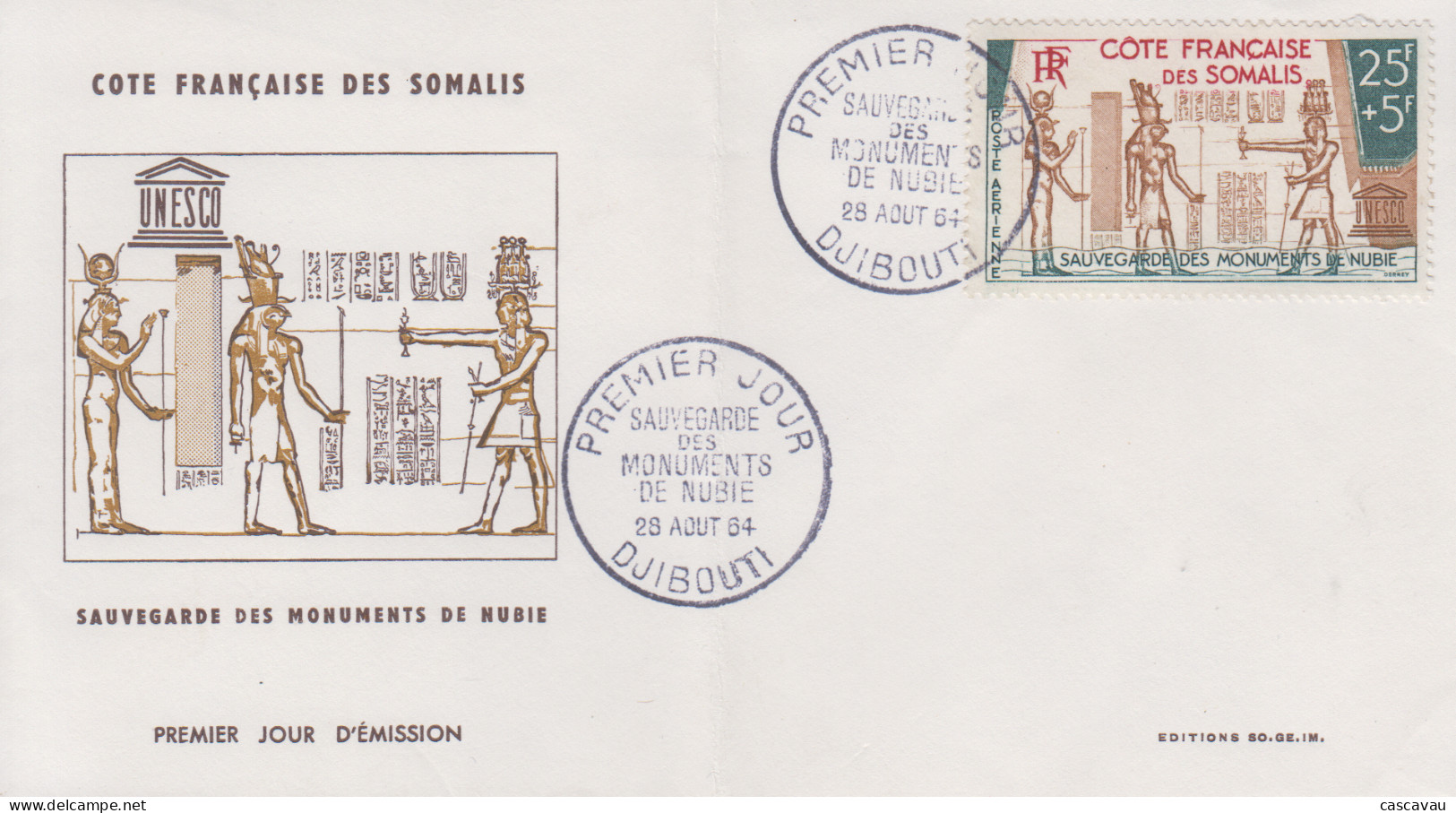 Enveloppe  FDC  1er  Jour   COTE  FRANCAISE  DES  SOMALIS   Sauvegarde  Des  Monuments  De   Nubie   1964 - UNESCO