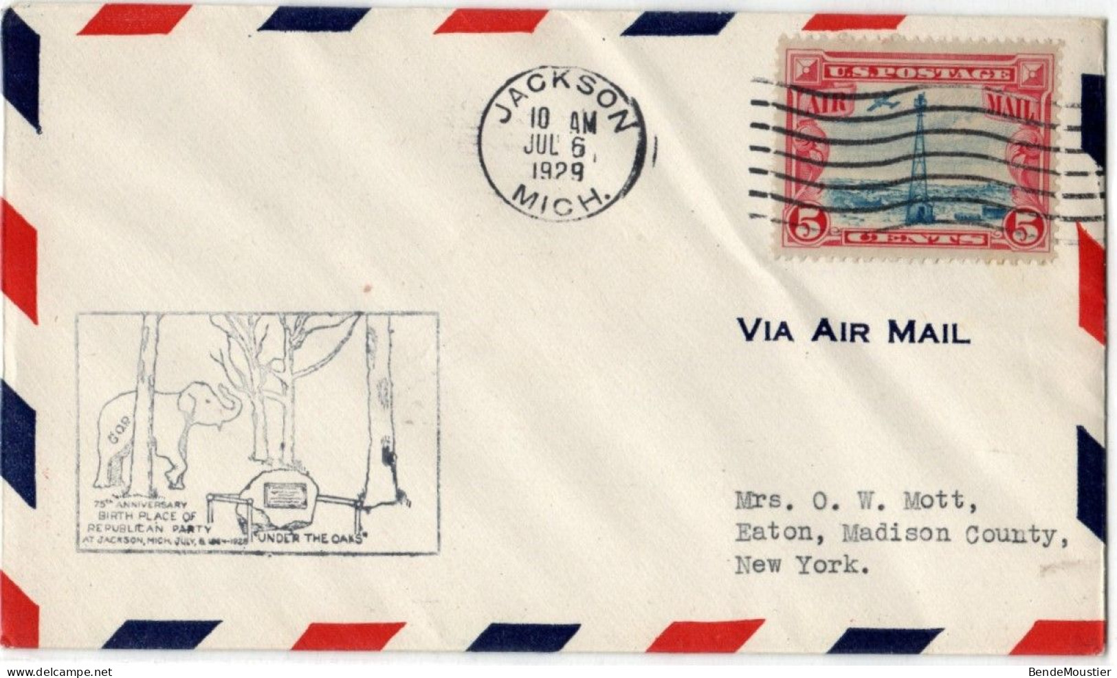 (N63) USA  SCOTT # UC11-75 Th Anniversary Birth Place Of Republicain Party-Jackson Mich To Eaton Madison County NY 1929. - 1c. 1918-1940 Covers