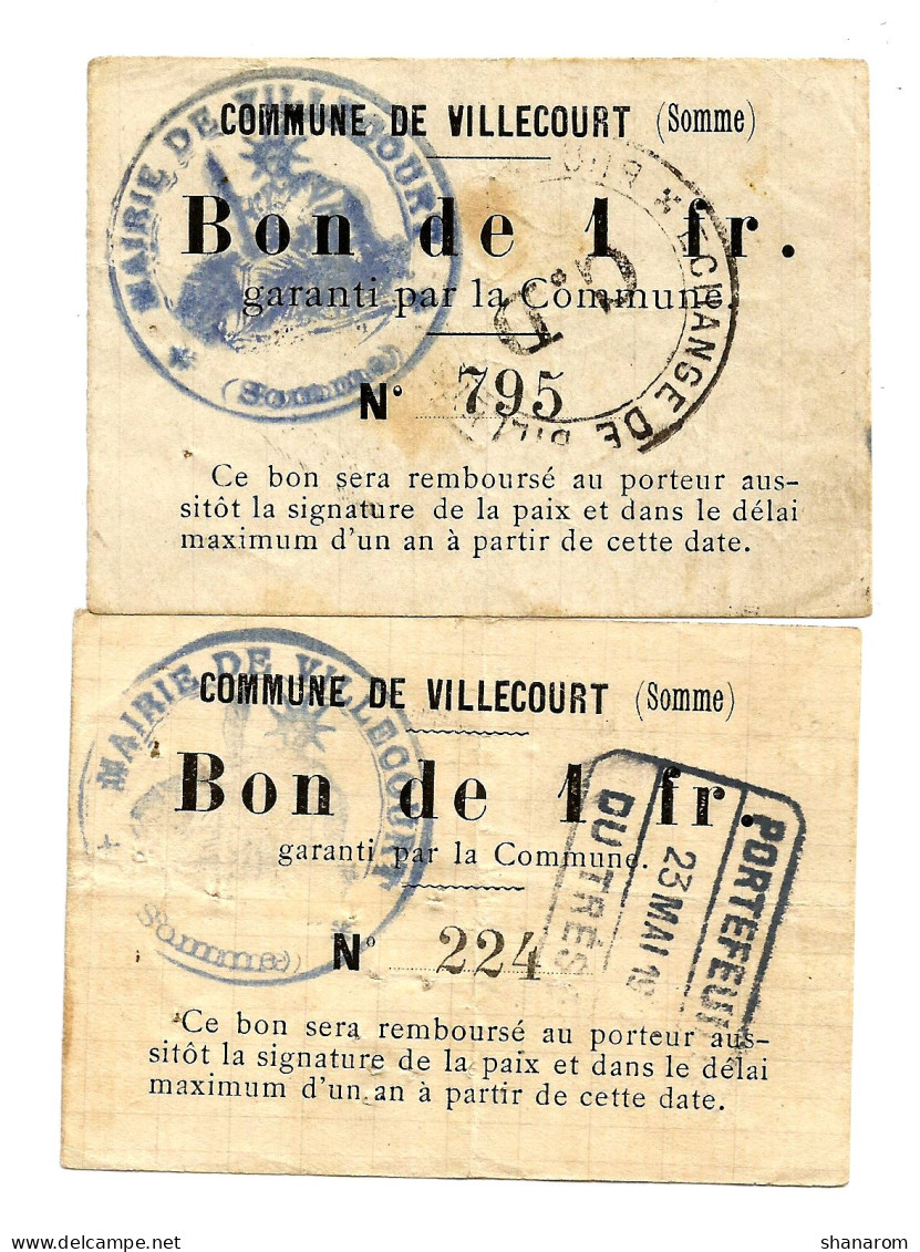 1914-1918 // Commune De VILLECOURT (Somme 80) // 2 Bons De Un Franc - Bons & Nécessité